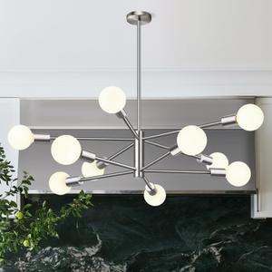 Sputnik Chandeliers Dining Room Light Fixture (10-Light, 32-Inch), Modern Brushed Nickel Chandelier, Height Adjustable Mid Century Modern Chandeliers for Living Room Entryway (Bulbs Not Included)