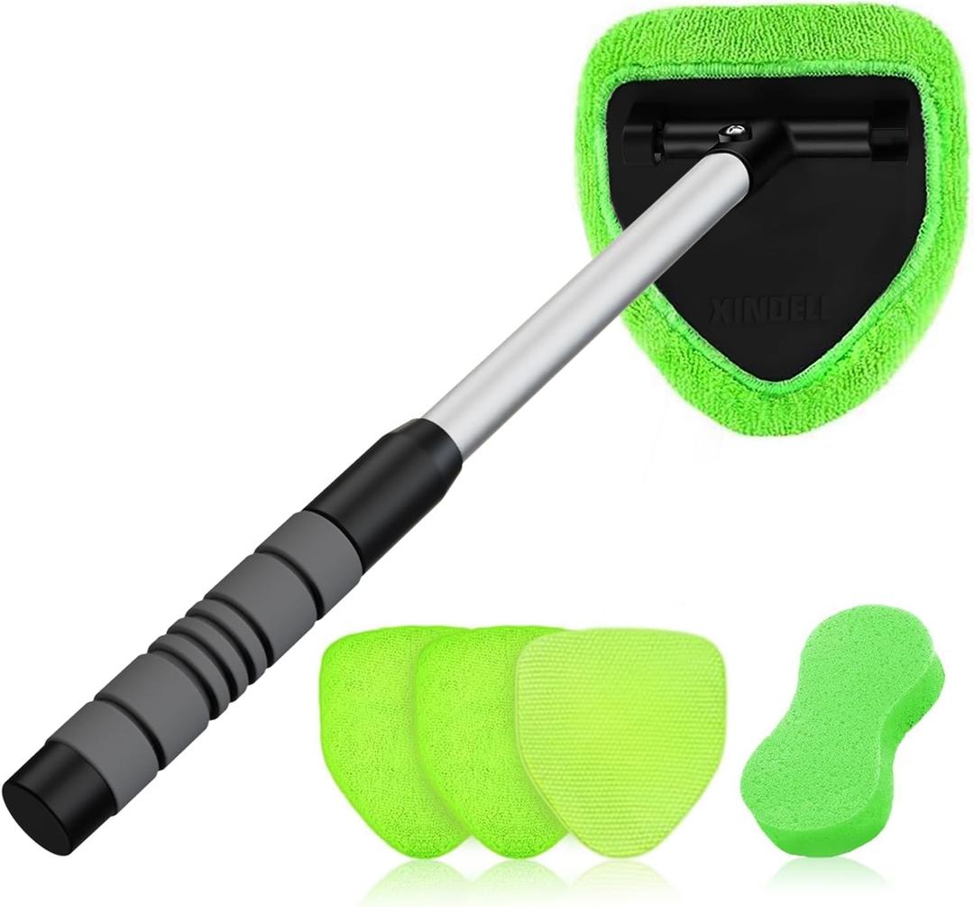 XINDELL Windshield Cleaner Tool  Upgrade Large Head Car Interior&Exterior Window Cleaning Kit with Extendable Handle & 4 Microfiber Pads, Auto Wiper Brush for Car, Trucks, SUVs, RVs & Home Windows (19in)