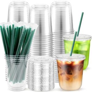 50PCS 12 oz Clear Plastic Cups with Lids and Dark Green Straws, Round Bottom Disposable To Go iced Coffee Cups, Small Bubble Tea Smoothie Cups for Drink Shops, Picnic, Valentine's Day, Party