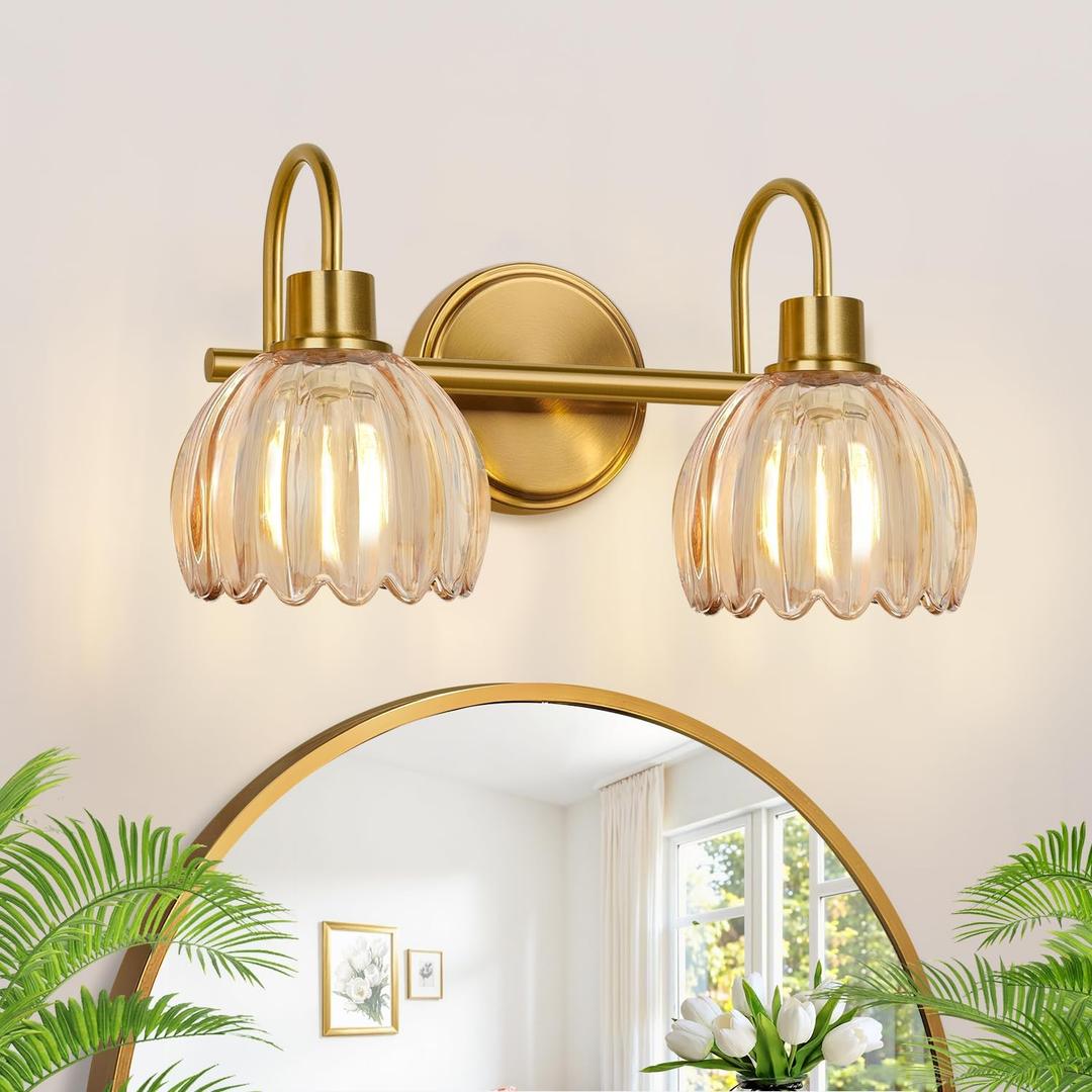 Bathroom Light Fixtures, 2-Light Brushed Gold Vanity Lights for Bathroom with Ribbed Amber Tulip Glass Shade, Vanity Lights Over Mirror for Bedroom, Living Room, Hallway