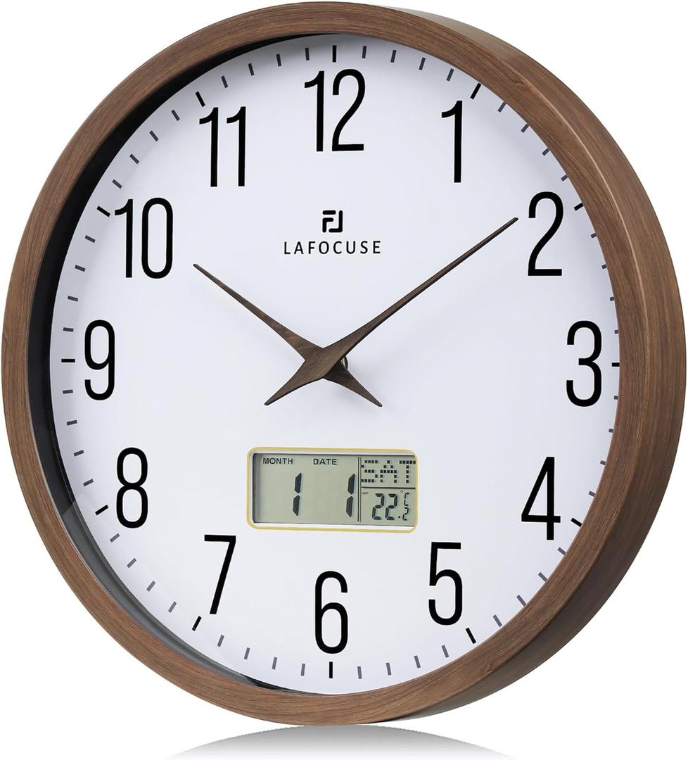 Lafocuse 12 Inch Silent Brown Wall Clock with Time Day Date Temperature, Battery Operated Wall Clock Analog and Digital with Calendar for Kitchen Living Room Home Dcor