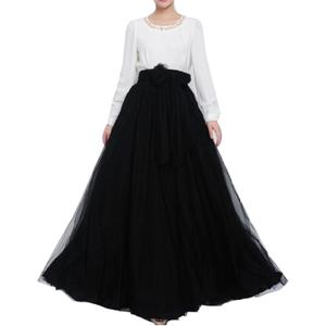 Women Wedding Long Maxi Puffy Tulle Skirt Floor Length A Line with Bowknot Belt High Waisted for Wedding Party Evening(Black, Small-Medium)