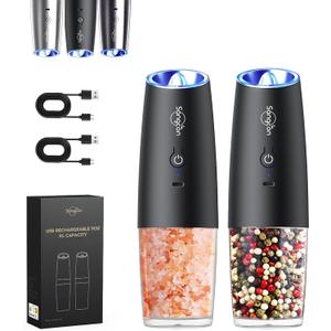 Sangcon Gravity Electric Salt and Pepper Grinder Set RECHARGEABLE Automatic Salt Pepper Shakers USB-C No Battery Needed - LED Light One Hand Operation, Adjustable Coarseness Pepper Mill Set