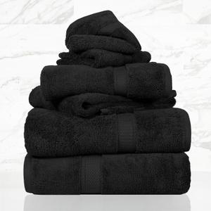 SUPERIOR Solid Egyptian Cotton Towel Set, Washcloths 13 x 13, Hand Towels 20 x 30, Bath Towels 30 x 55, Black, 6-Pieces
