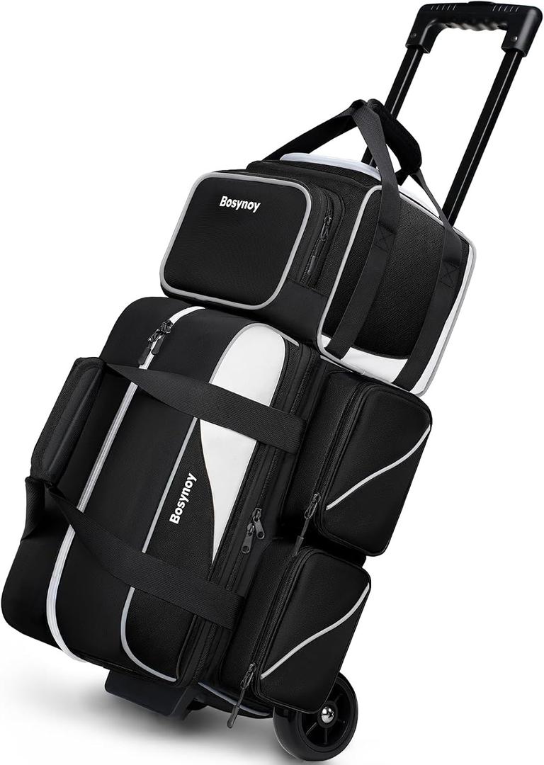 Bosynoy 3 Ball Bowling Bags with Wheels, Single Ball Tote+2 Ball Bowling Bag with Shoe Compartment (Up to US Men Size 16), Bowling Ball Bag 3 Ball Roller with Insulated Pockets, Black