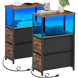 TUTOTAK Small Narrow LED End Table with Charging Station, Side Table Outlets, Nightstand with 2 Cloth Drawers, Set of 2, Couch Table, for Living Room, Bedroom, Bedside, Brown TB01BB056