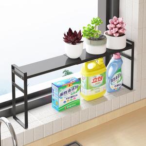 Expandable Narrow Shelf Organizer, Tall Countertop Organizer for Tight Spaces, Windowsill Plant Stand, Over-Sink/Faucet Shelf, Kitchen Counter Storage, Bathroom Vanity, Laundry Room (Black) (1 Tier)