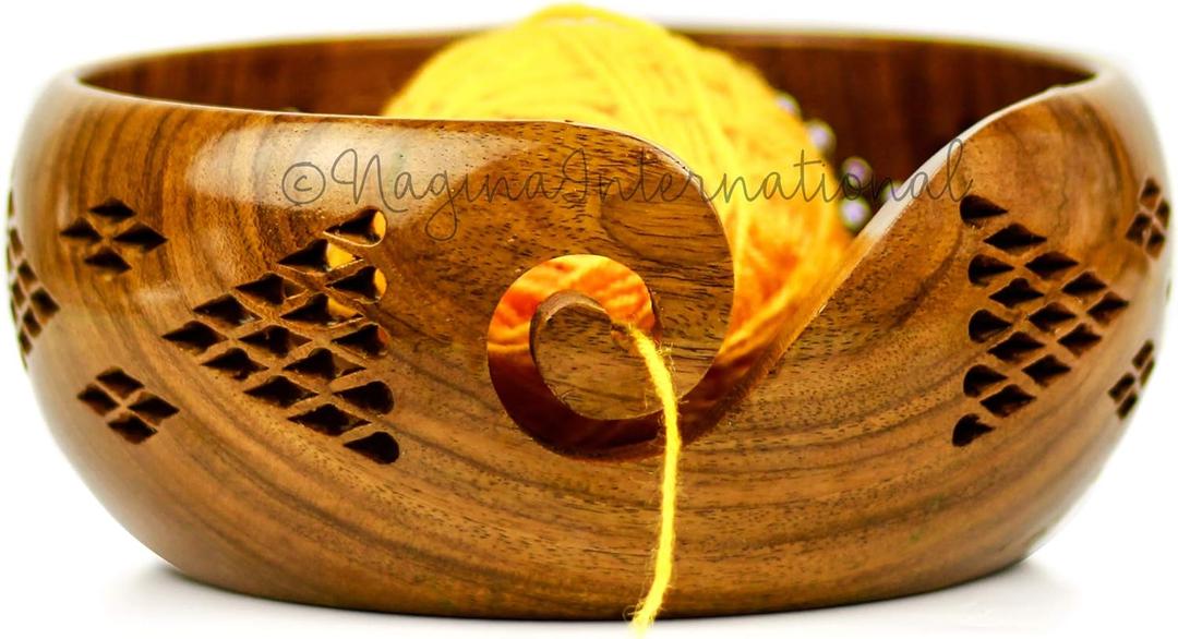 Nagina International Yarn Bowl (Shakar Para) - Small (6 x 6 x 3 Inches) Deluxe Handcrafted Selected Rosewood Yarn Ball/Skein Storage Bowl with Hand-Carved Triangular Decorative Grills - Knitting