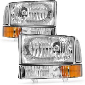 for 1999 2000 2001 2002 2003 2004 F250 F350 F450 F550 Headlight Assembly Compatible with 99-04 Ford Super Duty Chrome Housing Amber Reflector Headlamp Replacement Left and Right