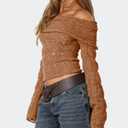 Womens Off The Shoulder Hollow Out Sweaters Sexy Slim Fitted Cropped Long Sleeve Knit Tops (Petite) (Brown, XL)