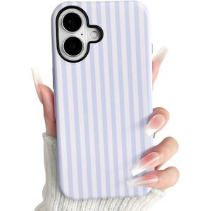 NITITOP Compatible with iPhone 17 Case Matte Cute Vertical Stripes for Women Girls Men Boy Striped Pattern Hybrid 2 Layers Back Shockproof Protective Cover - Light Blue