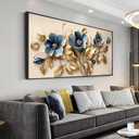Solid wood Framed blue 3D Flowers Wall Art for Bedroom Home Decor Artwork for Wall Blue Abstract Background Golden leaf Wall Decor Canvas Print Office Living Room Decor Ready to Hang 20x40inch (40L" x 20W")
