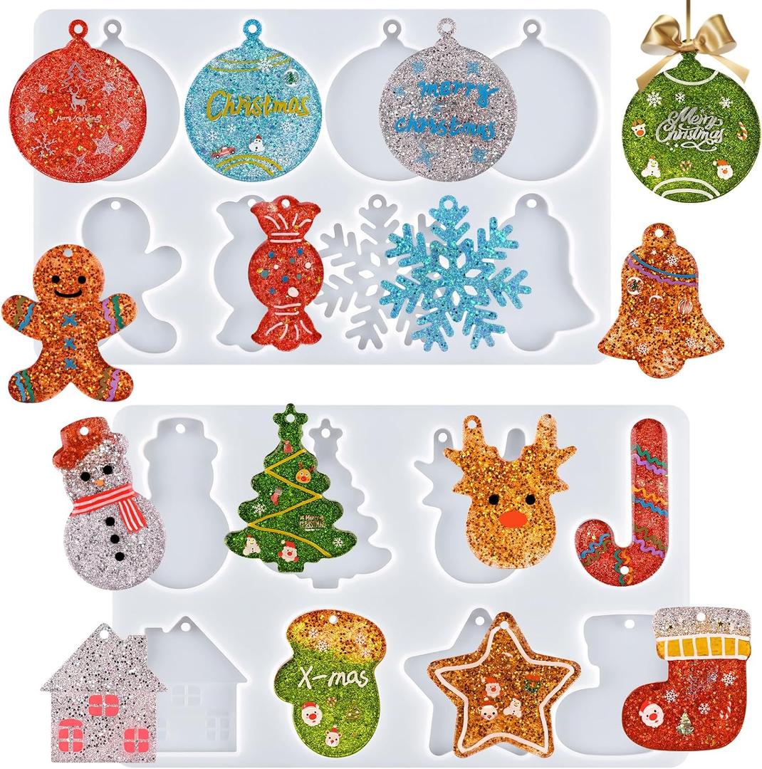 Actvty Christmas Resin Molds, 2 PCS Christmas Ornaments Silicone Molds for Epoxy Resin, 16 Cavities Large Pendant Molds DIY Resin Crafts Jewelry Keychain Xmas Gift Christmas Tree Decor