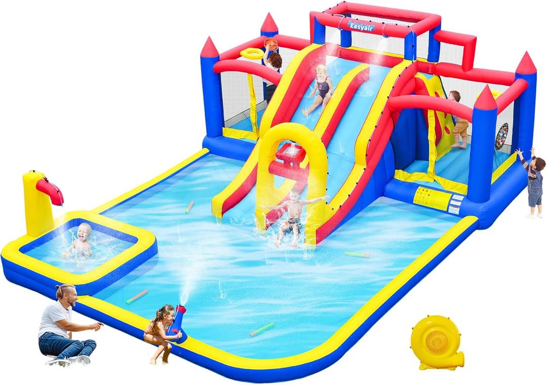 Large Inflatable Water Slide for Big Kids, Water Bounce House, Outdoor Blow Up Pool, Climbing Wall, Basketball Hoop with Blower