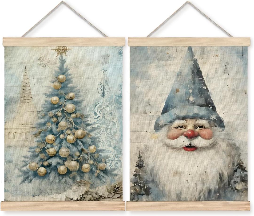 BearCake Vintage Light Blue Christmas Wall Art Poster Hanger Frame, Christmas Home Decor, Blue Fairytale Winter Xmas Tree Gnome Wall Decor for Home Bedroom Living Room, 12x16 Inch Set of 2 (Gua Hua christmas-blue santa)