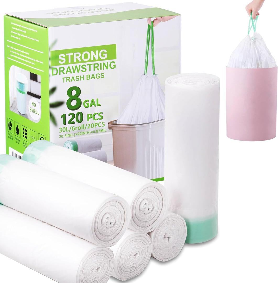 Trash Bag 8 Gallon 120 Count, Unscented Strong Drawstring Garbage Bag Fit 30 Litter Trash Can, for Kitchen, Bathroom, Bedroom, Office