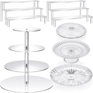6 Pcs Acrylic Cake Stands Set Include 2 Display Risers, 1 Pc 4 Tier Cupcake Tower and 3 Clear Round Dessert Trays Cake Table Holder for Wedding Baby Shower Decoration(Novel Style)