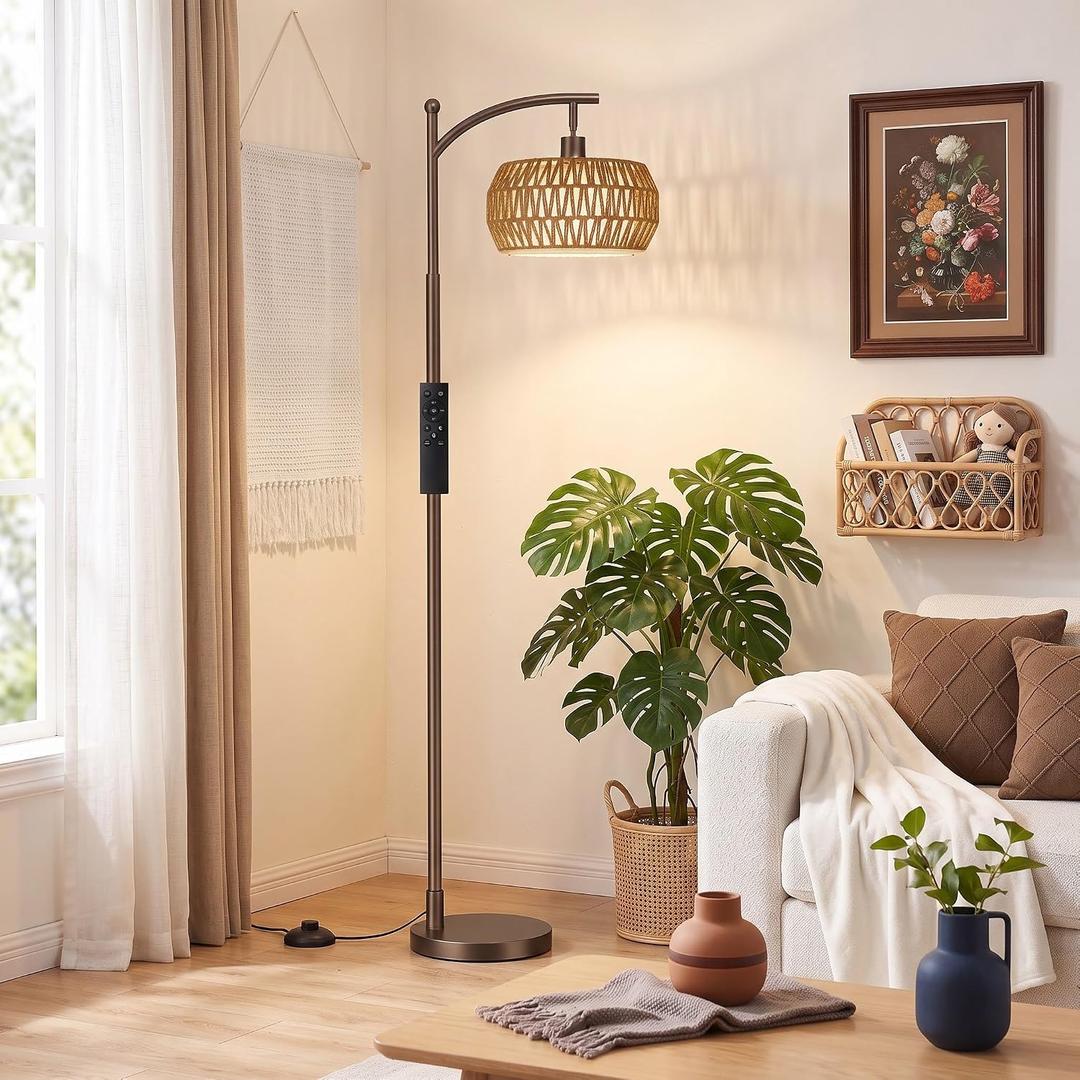 Ambimall Arc Floor Lamp with Remote & Rattan Double Shades, Brown Bohemian