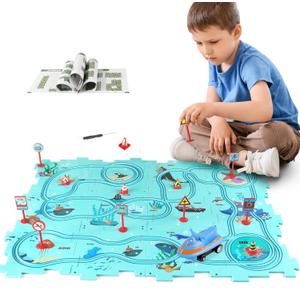 Puzzle Track Car Play Set, Plastic Puzzles for Kids Ages 3-5 with Vehicles, Electric Trolley Puzzle, Car Tracks for Toddlers, Toys Gifts for 3 4 5 6 Year Old Boys Girls