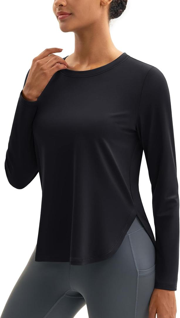 MAGCOMSEN Women's Sun Shirts UPF 80+ Long Sleeve Quick Dry Workout Tops | Moisture-wicking, Sun Protection, UV Protection, High Side Splits, Soft, Lightweight, Athletic, Running, Hiking, Yoga, Golf (Black, XL)