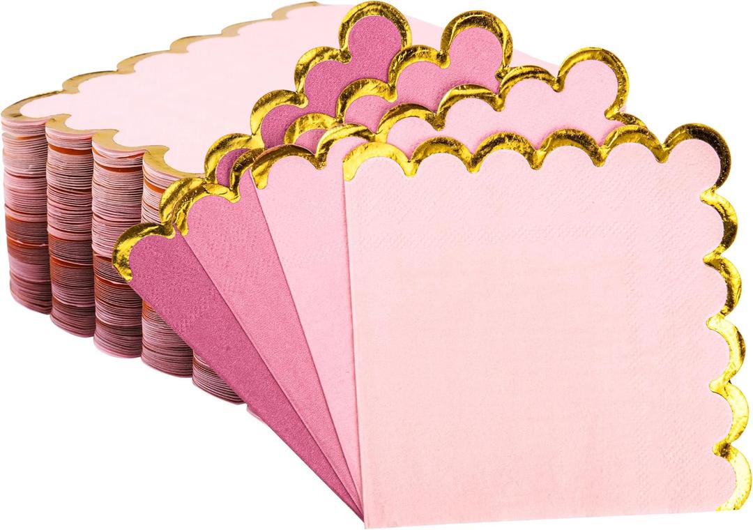 100 Pcs Pink Cocktail Napkins with Gold Foil Scalloped Edges 5 x 5 Inch Party Napkins Disposable Thick Paper for Wedding Dinner Birthday
