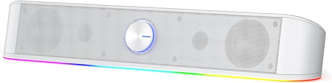 Redragon GS560 RGB Desktop Soundbar, 2.0 Channel Computer Speaker with Dynamic Lighting Bar Audio-Light Sync/Display, Touch-Control Backlit with Volume Knob, USB Powered w/ 3.5mm Cable, White