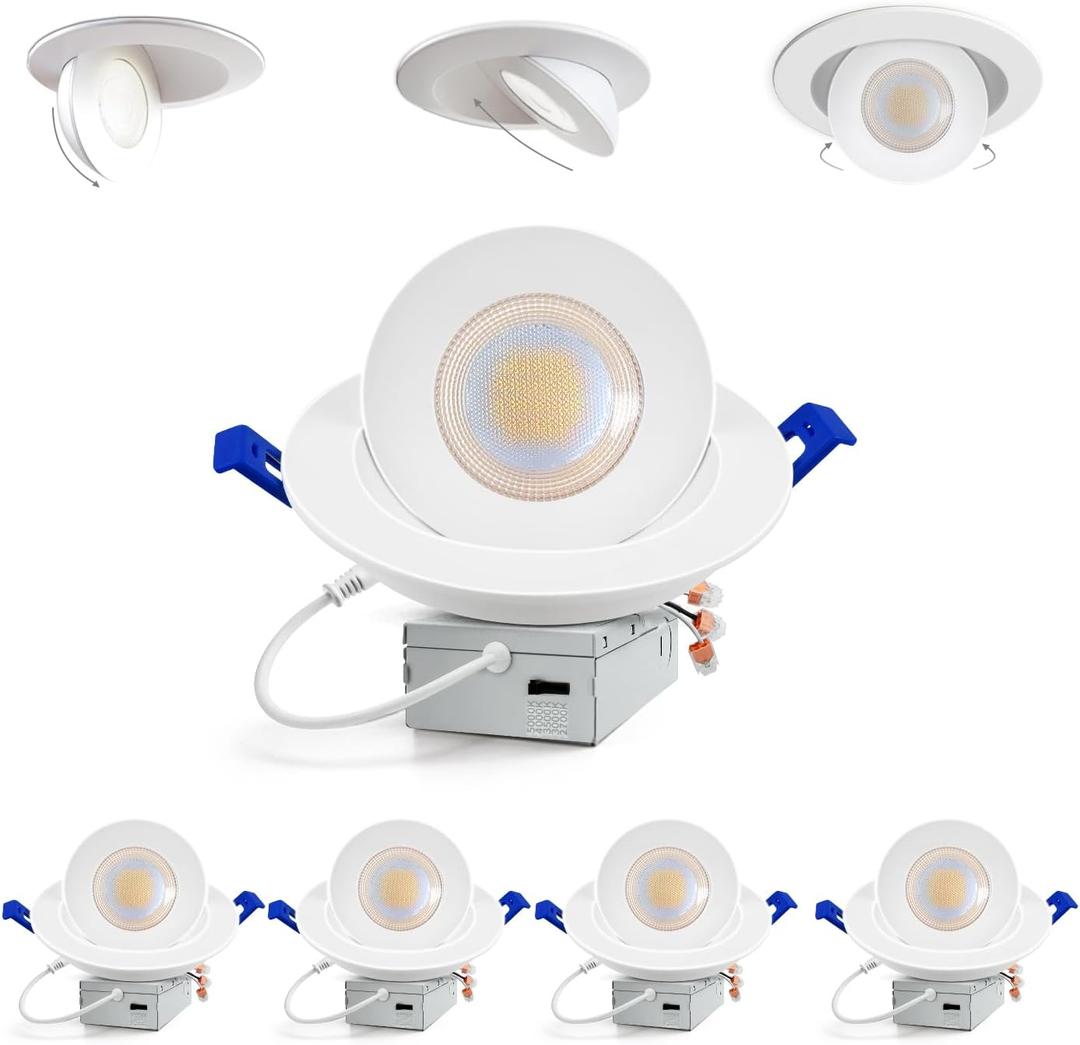 Adetu 6 inch 5CCT Gimbal Led Recessed Lights, 360+90 Adjustable Directional Recessed Lighting, 2700K/3000K/3500K/4000K/5000K Dimmable Remodel Eyeball Canless Downlight with Jbox, ETL (White,4 Pack)