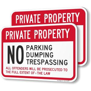 SmartSign Private Property No Parking/Dumping/Trespassing Offenders Prosecuted Sign (2-Pack), 12 x 18 inch, 80 mil thick Aluminum Composite (ACM), Pre-Drilled Holes, Red, Black and White, USA-Made