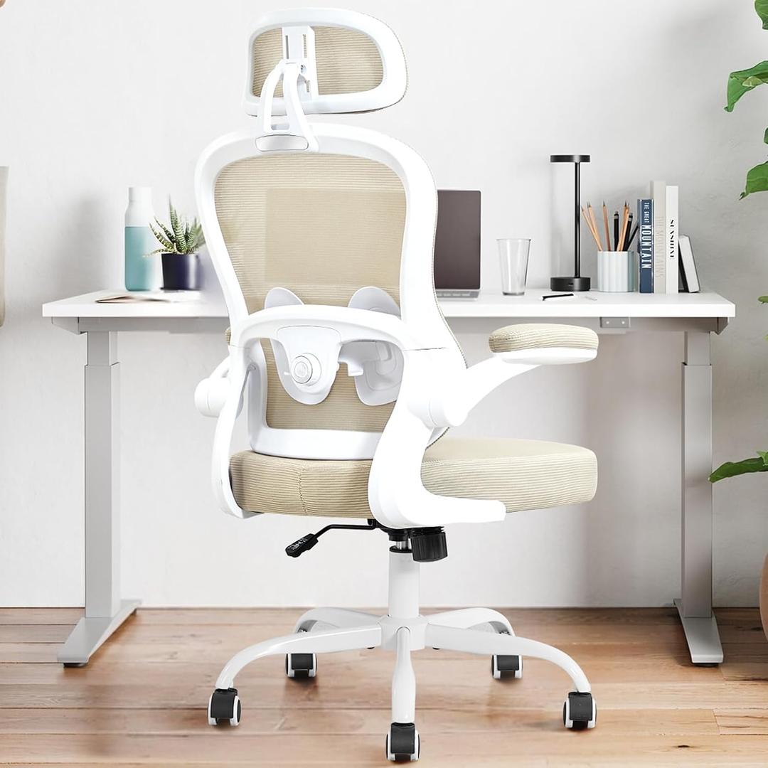 Ergonomic Office Chair,Ultra Thick Office Desk Chair with Adjustable Lumbar Support and Headrest,Spring Cushion,Rocking Function,Flip-up arms,Mesh Computer Chair for Home Office,Khaki
