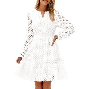 ZESICA Women's 2026 Long Sleeve Mini Dress Fall V Neck Hollow Out Eyelet Embroidery Ruffle A Line Swing Short Dresses,XL