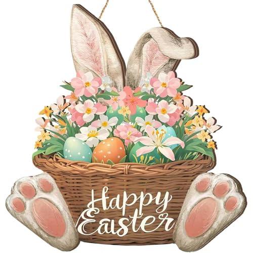 Easter Happy Wreath, Hanging Bunny Sign Decoration, Outdoor and Indoor Hanging Decoration, Easter Hanging Decoration, Suitable for Front Door, Garden, Wall and Party Supplies, 2 Pack