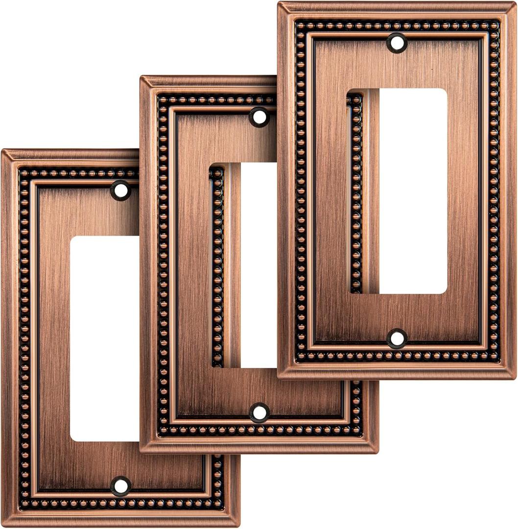 Henne Bery Sunken Pearls Heavy Duty Decorative Wall Plate Switch Plate Outlet Cover (Single Decorator, 3 Pack, Antique Copper)
