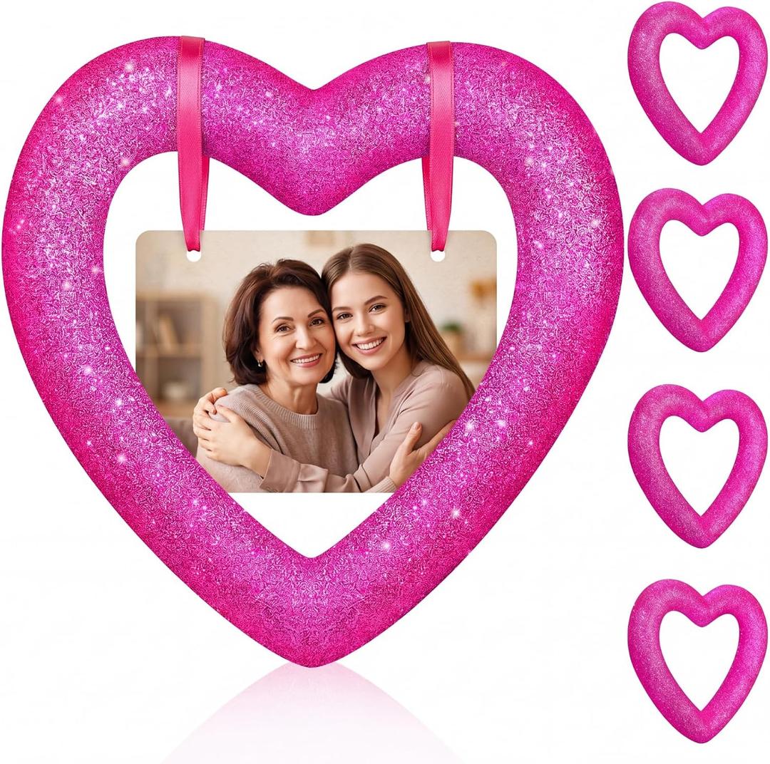 Colingmill 4 Pack 7.9 Inch Mother's Day Heart Foam Wreath 3D Glitter Foam Crafts Kits Heart Wreath for Mother's Day Home Door Wall Decor(Hot Pink)