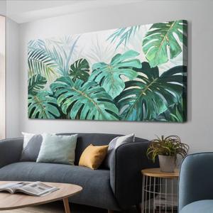 Enartly Palm Green Leaf Canvas Wall Art for Living Room, Monstera Tropical Leaf Painting Jungle Plant Picture Nature Artwork Print Framed Bedroom Hallway Office Home Decor, Large 58"x29"