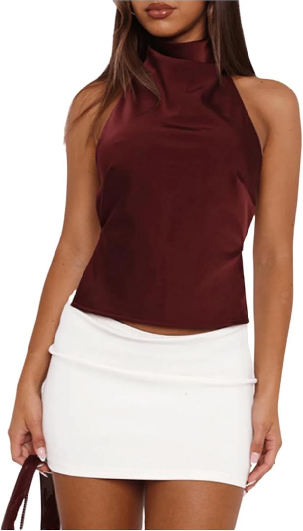 SOLY HUX Women's Satin Halter Backless Crop Top Sexy Sleeveless Tank Shirts Festival Party Clubwear (Plain Burgundy), L