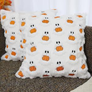 Halloween Ghost Pillow Covers 18x18 inch Set of 2 White Soft Plush Faux Fur Decorative Cushion Covers for Couch Sofa Bed Porch Living Room Halloween Decor (Pumpkin Gost)