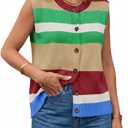 Tankaneo Womens Color Block Striped Sweater Vest Tops Summer Casual Button Up Knit Sleeveless Cardigan Tank Tops Khaki (L)