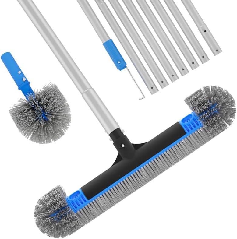 Upgraded Pool Brush Set - 20 2-in-1 Heavy Duty Detachable Round Brush with Extra Side Brush for Cleaning Hard-to-Reach Corners, 9 FT Aluminum Extended Pool Pole with Hidden Hook Retriever