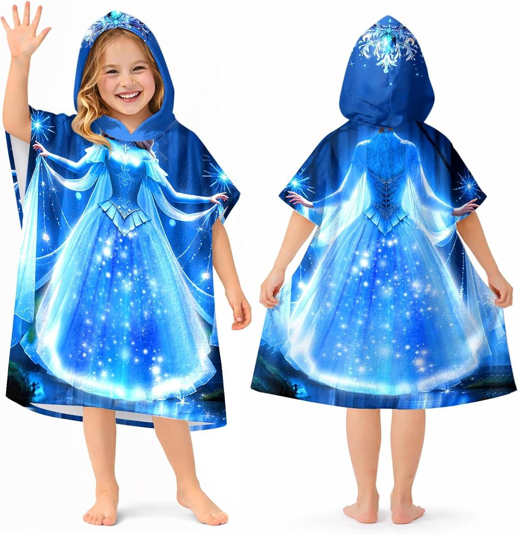 Kids Hooded Beach Towels Wrap for 2-6 Years,Cute Princess Theme Girls Swim Cover Up for Bathroom22"x26" Quick Dry Blue Bath Towel Poncho,Perfect for Travel Vacation,Pool Party,Swimming
