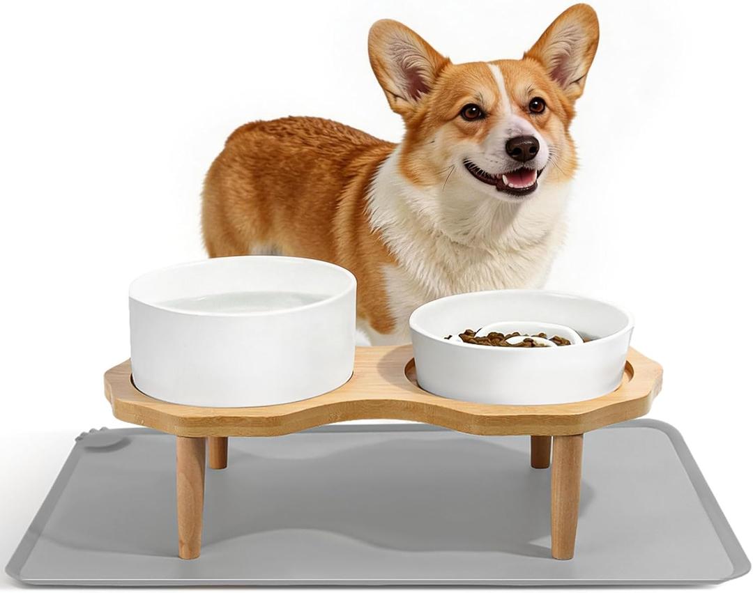4-in-1 Ceramic Elevated Slow Feeder Dog Bowl Set, 6.3inch Dog Water Bowl and 5.9inch Slow Dish with Wooden Stand, Spill Proof Silicone Mat for Small and Medium Dog, Anti-Gulping (White)