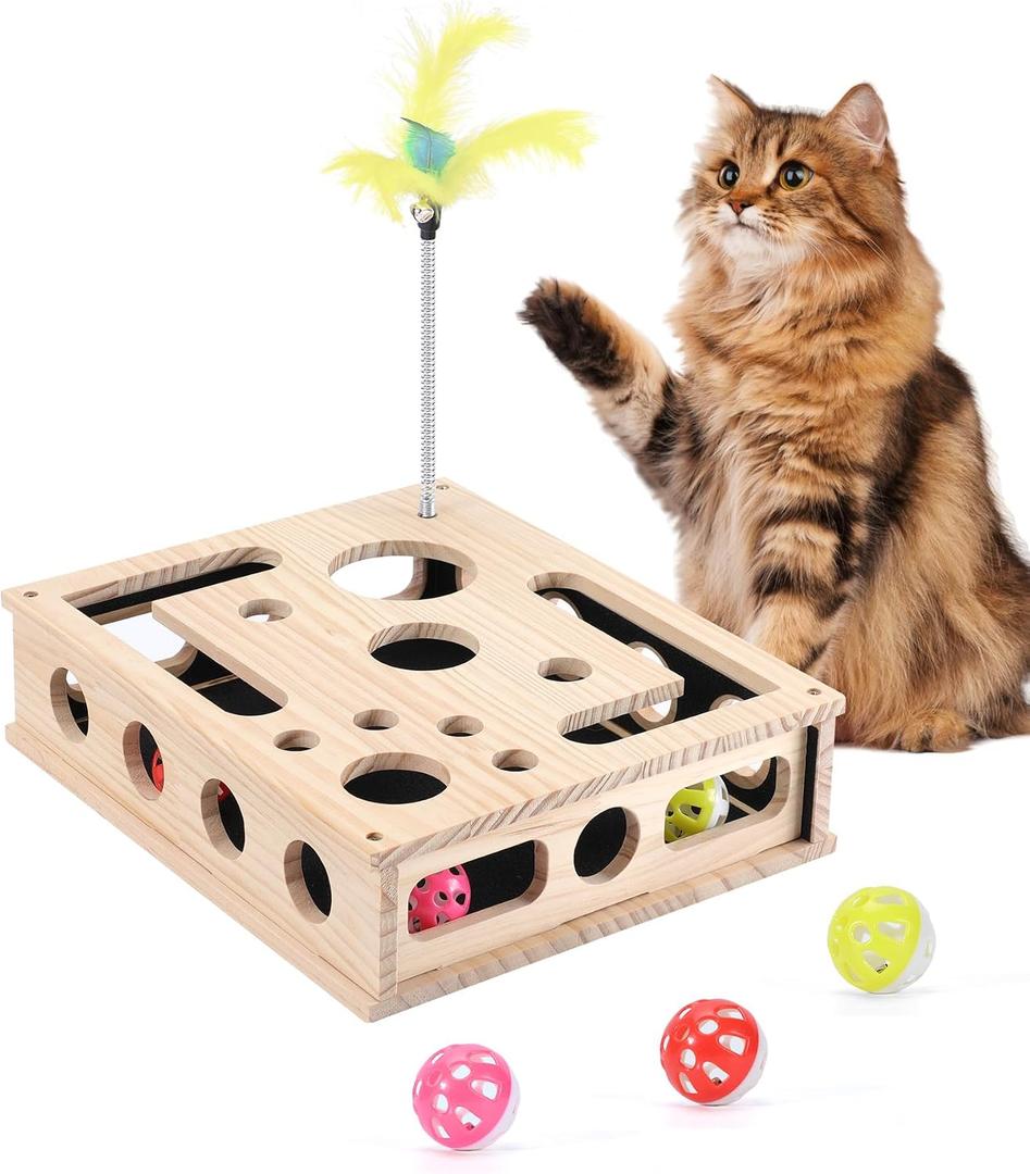Cat Toys for Indoor Cats - Interactive Box Puzzle Toy Nail File Scratcher Hunting Play Toy with 3 Jingle Balls & 1 Feather Wand, Wooden Puzzle Treat Toy Box Energize Cat Instincts for Bored Cats