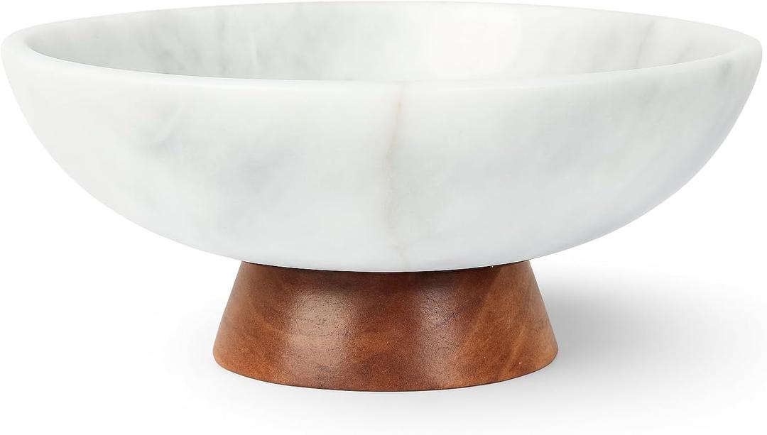 UMAID White Marble Decorative Bowl with Wood Pedestal 10" Handcrafted Centerpiece, Fruit Bowl, Coffee Table Decor & Entryway Catch-All Elegant Mothers Day Gifts for Mom