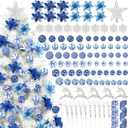 RoundFunny 106 Pcs Blue and White Winter Tree Decorations Set Chinoiserie Christmas Ball Snowflake Ornament Star Tree Topper Ribbon Glitter Blue Artificial Poinsettia Silver Berry Stems for Xmas Trees