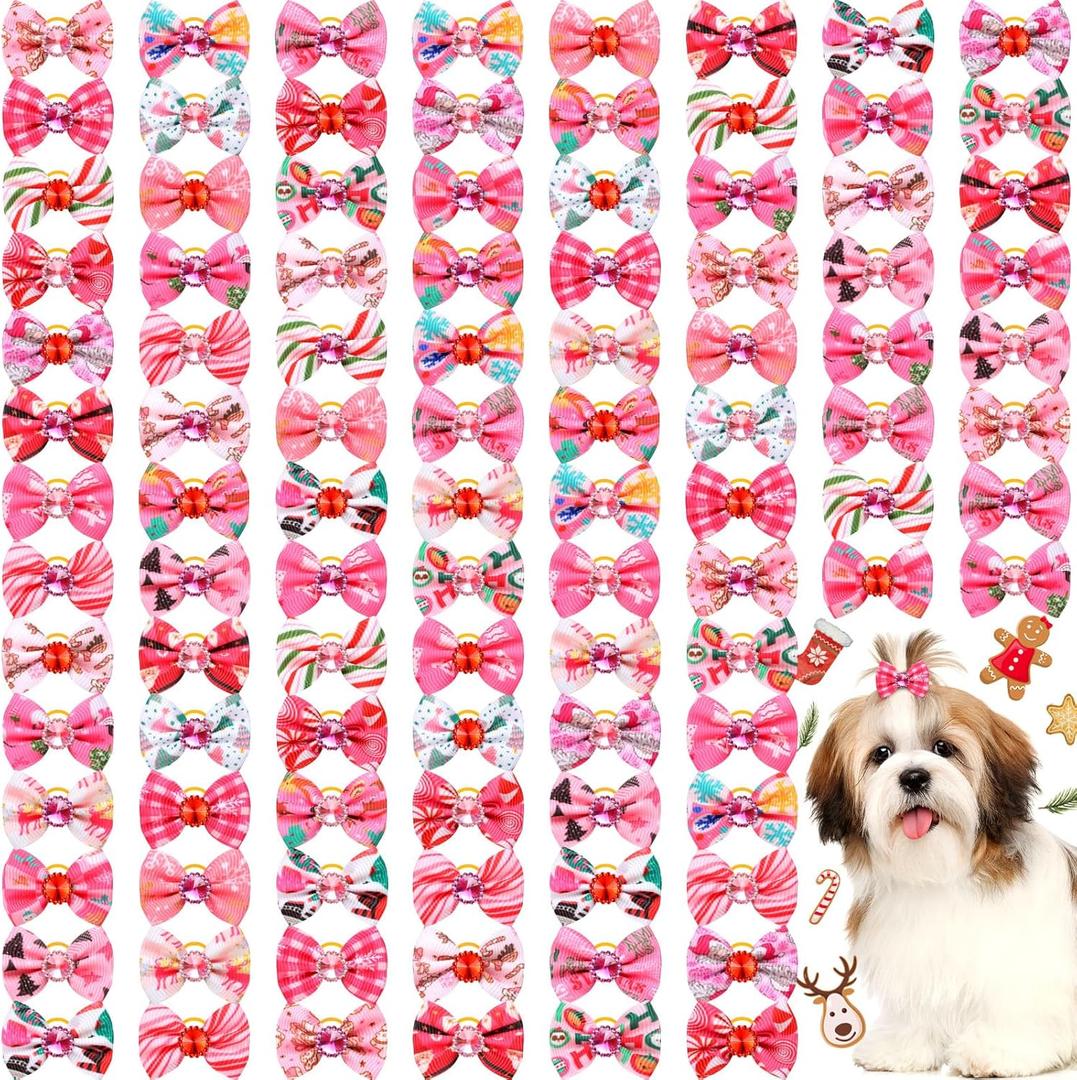 Tondiamo 100 Pieces Pink Valentine Dog Hair Bows with Rubber Bands Red Purple Rhinestone Puppy Grooming Topknot Bow Candy Tree Santa Reindeer Pet Hair Accessories for Small Girl