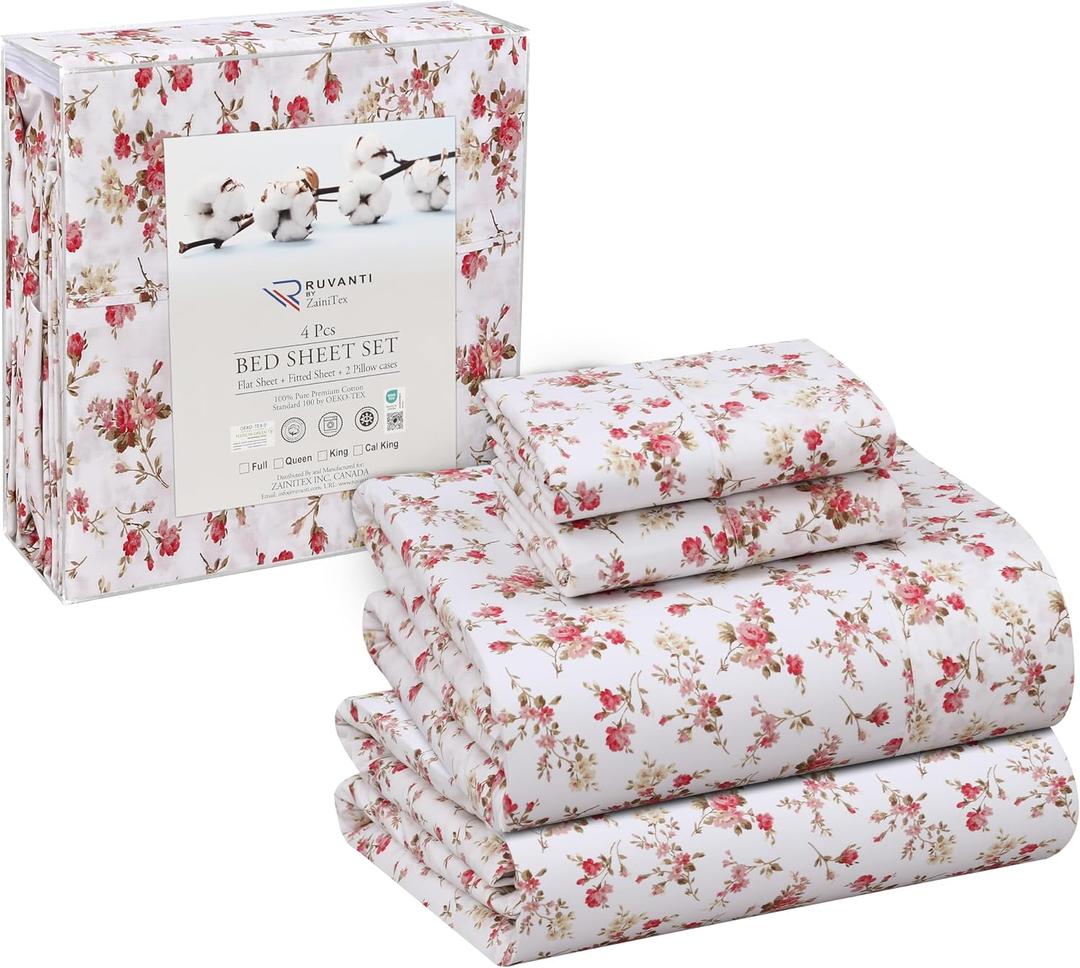RUVANTI 100% Cotton Sheets Queen Size Set, 4 Pieces, Soft & Breathable Percale Weave Bedding, Deep Pocket 16", Hotel Standard, Crisp Cool Feeling, Durable, Perfect Floral Bed Sheet, Bouquet