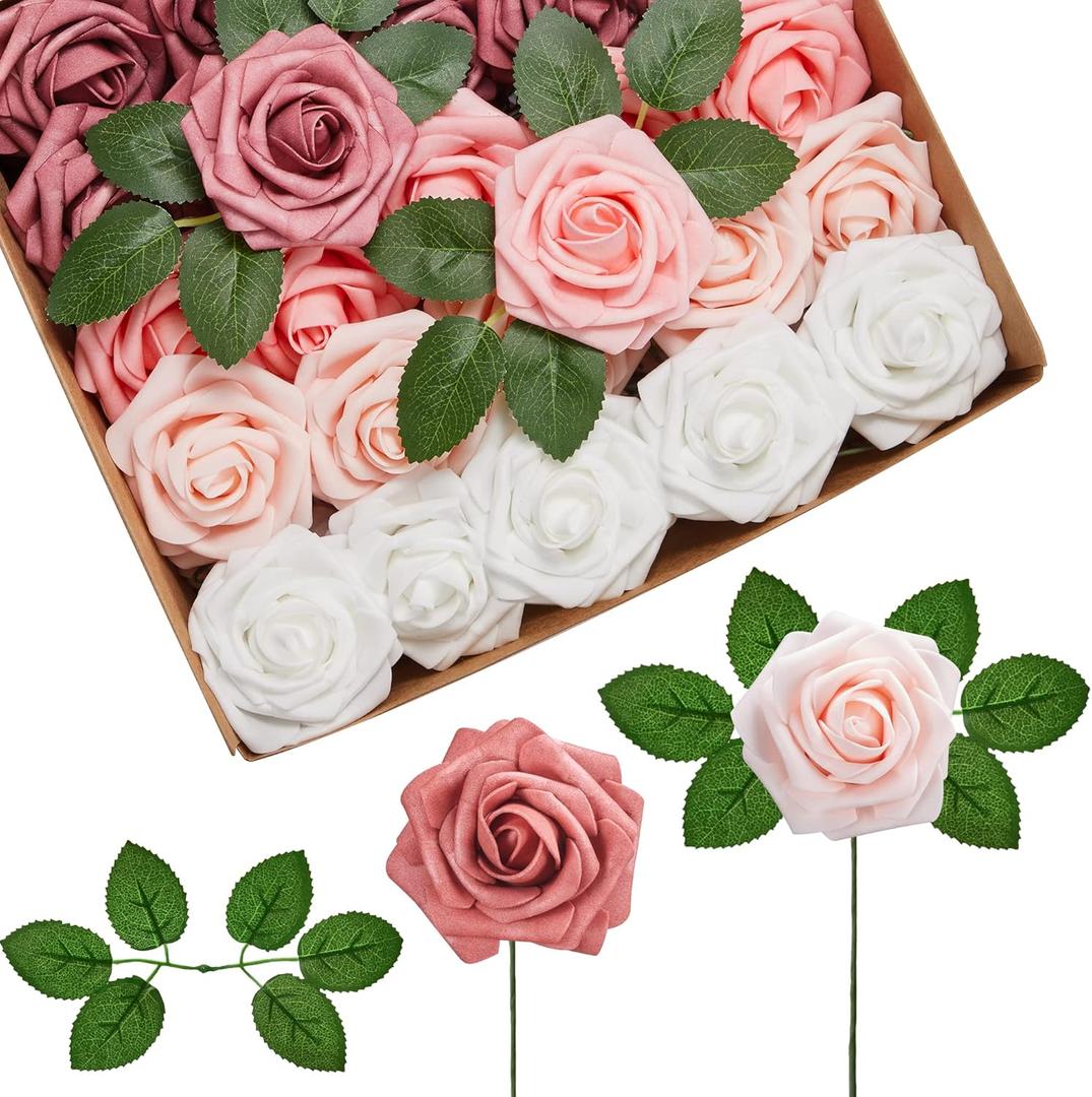 InnoGear Artificial Flowers, 50 Pcs Shades of Dusty Foam Fake Roses Bulk with Stems for Decoration DIY Wedding Bouquets Centerpieces Bridal Shower Party Christmas Tree