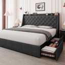 Feonase Queen Bed Frame with 4 Storage Drawers, Upholstered Storage Bed with Charging Station, Tufted Wingback Headboard, No Box Spring Needed, Dark Grey