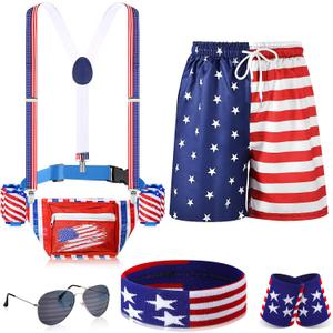 Mepase American Flag Outfits for Men Patriotic Fanny Pack USA Beverage Beer Belt Suspenders for Veterans Day Accessories (Medium)