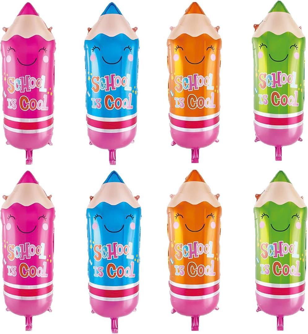 8Pcs Back to School Balloons Decorations Pencils Foil Mylar Balloons Pink Blue Orange Green School is Cool Pencils Balloons for Welcome Back to School Party Decorations