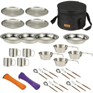 Camping Kitchen Tableware Mess Kit, Bowls&Dishes Set for 4 Person- 31pcs Utensils Set with Plate Spoon Fork Serrated Knife,304 Stainless Steel Bowl&Cup&Dish,Storage Bag,Backpacking, Hiking Picnic